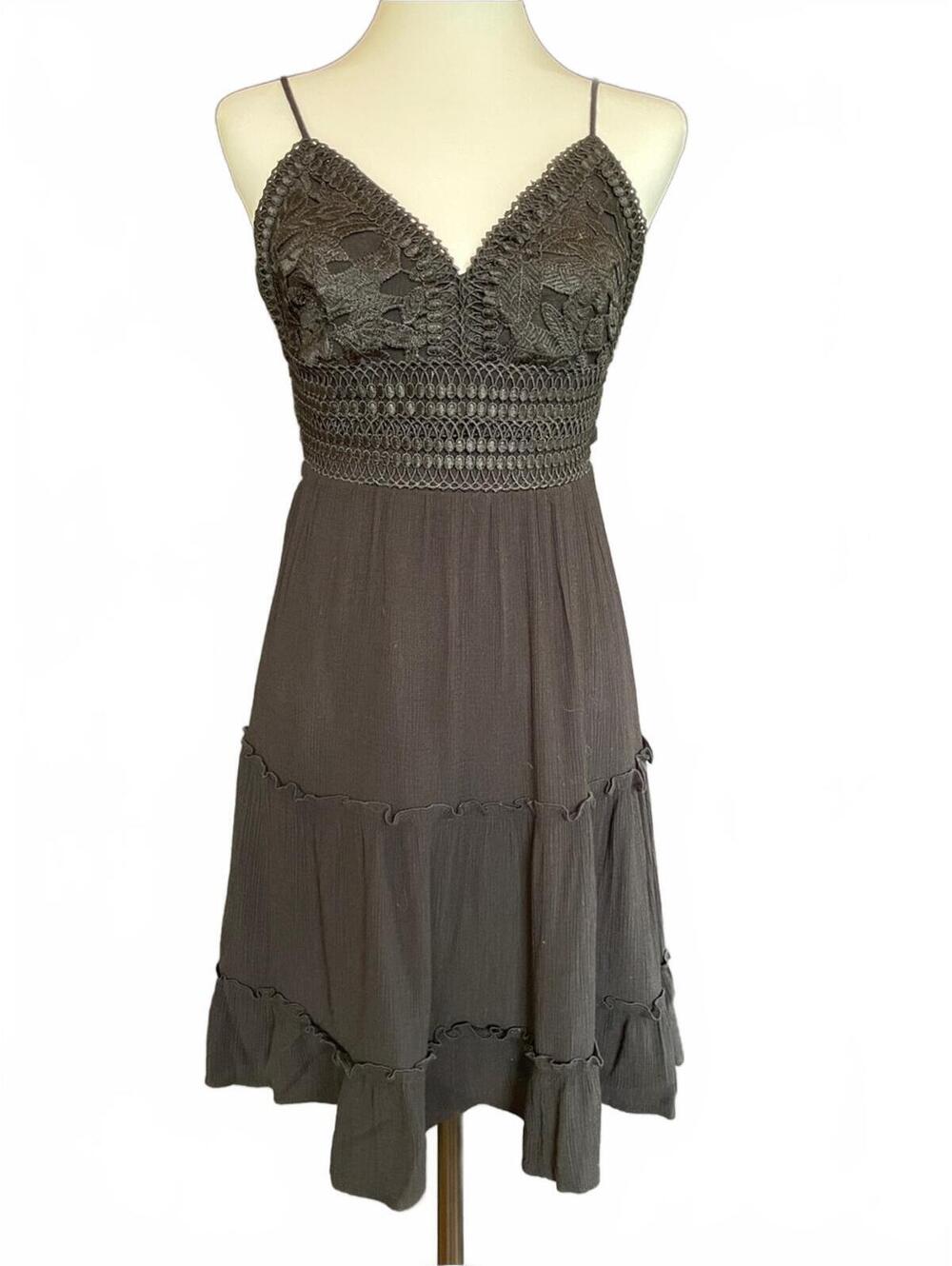 Black Crochet Lace Open Tie Back Dress S Y2K Whimsigoth Fairy Grunge Boho Chic